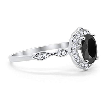 Antique Style Oval Engagement Ring Simulated Black CZ 925 Sterling Silver